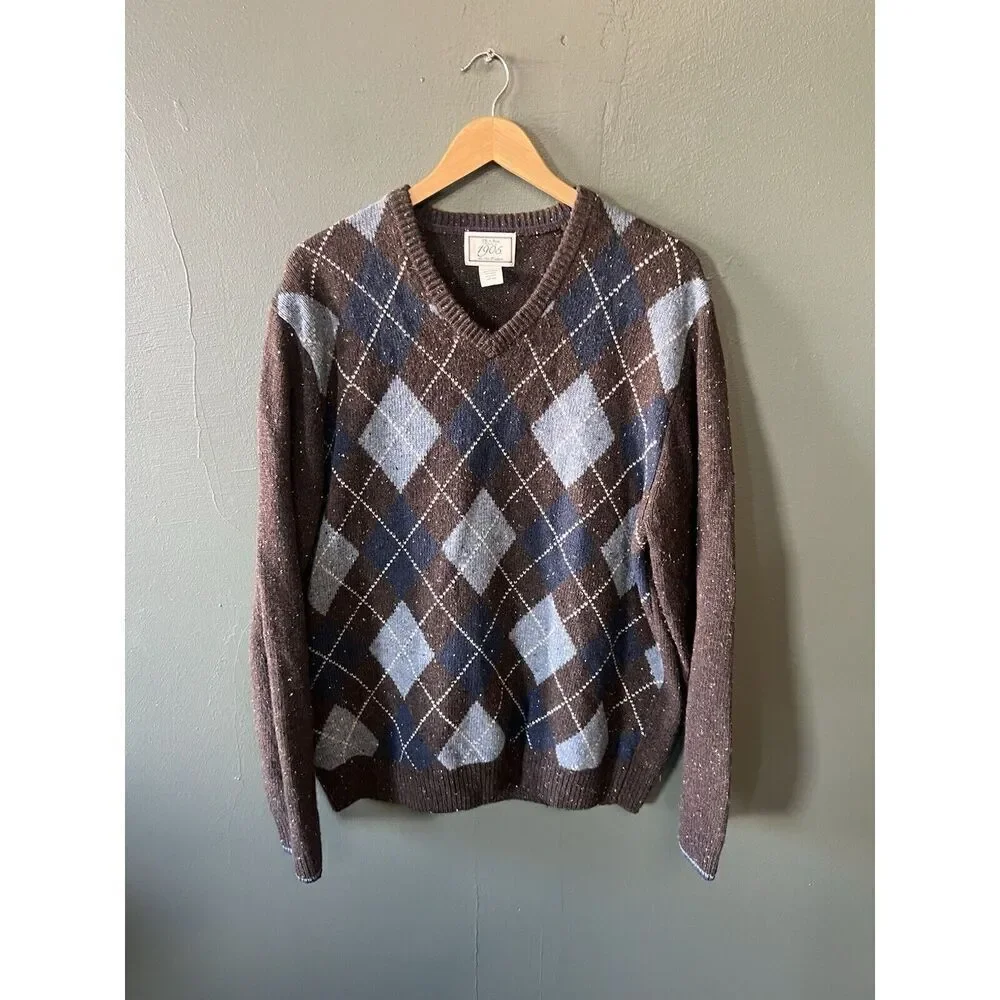 Jos A Bank Sweater Mens Large Brown Wool Sweatshirt Preppy Argyle Adult Size XL